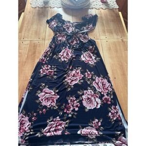 Cotton Bleu Navy‎ Floral Print Off The Shoulder Maxi Dress Ruffle Top